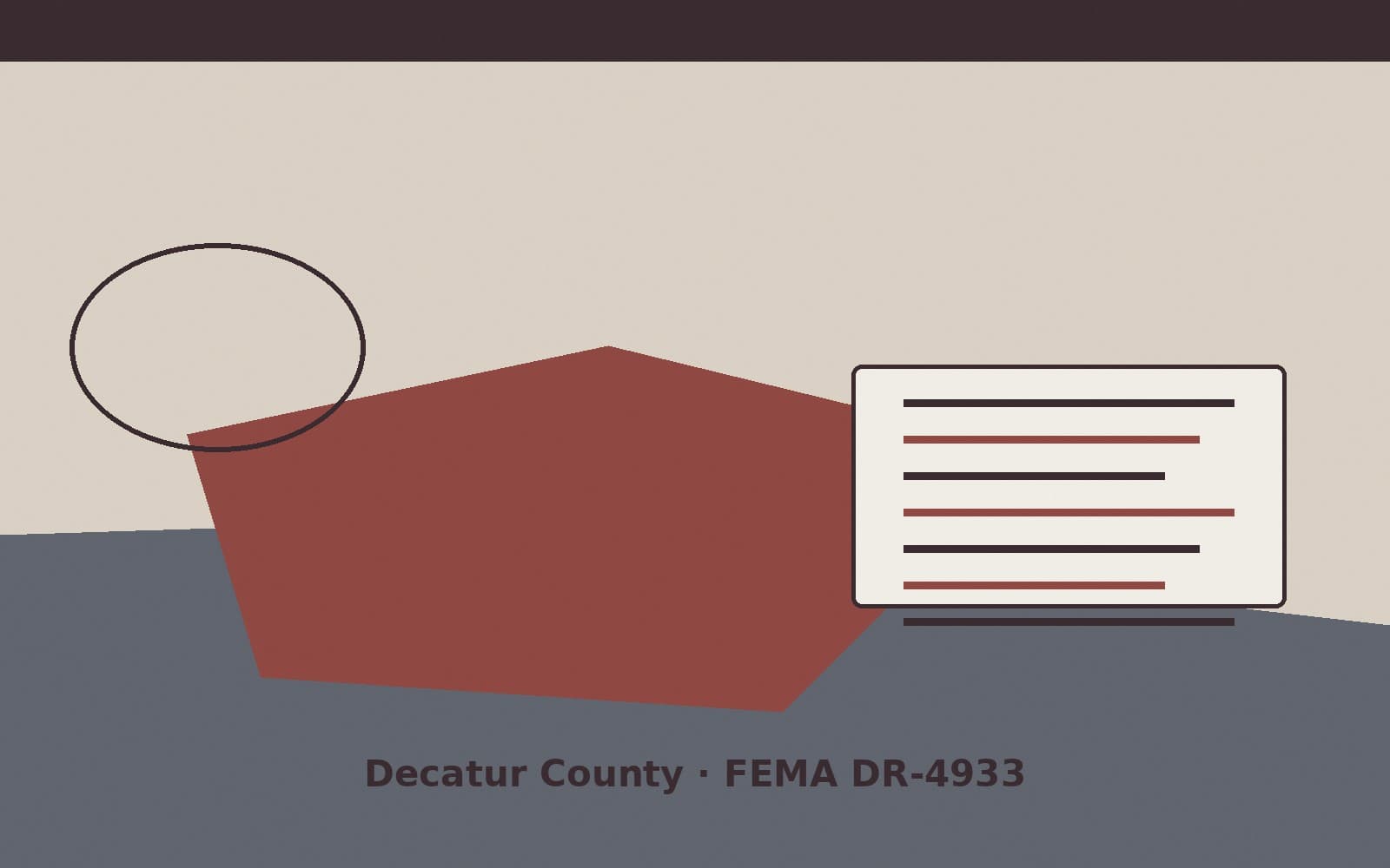 Public notice for Decatur County. On August 25, 2026, FEMA recorded a major disaster declaration DR-4933-IN that lists Decatur County as a designated area. FEMA titled the action "