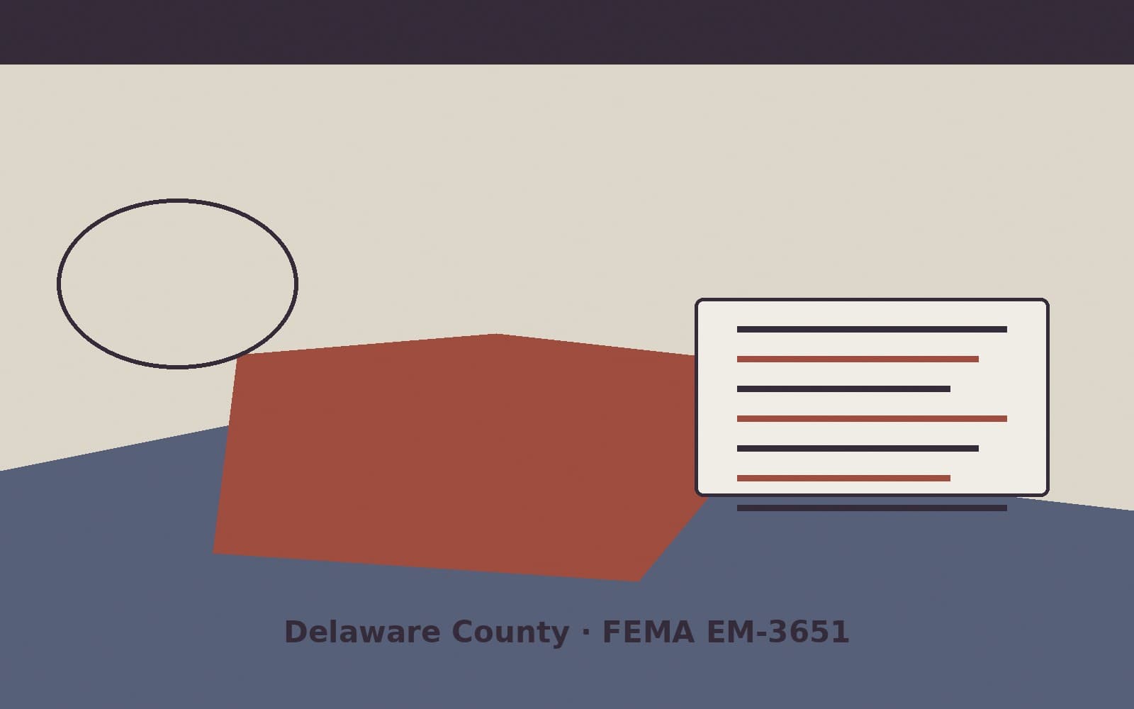 Public notice for Delaware County. On August 15, 2026, FEMA recorded a emergency declaration EM-3651-IN that lists Delaware County as a designated area. FEMA titled the action "Sev