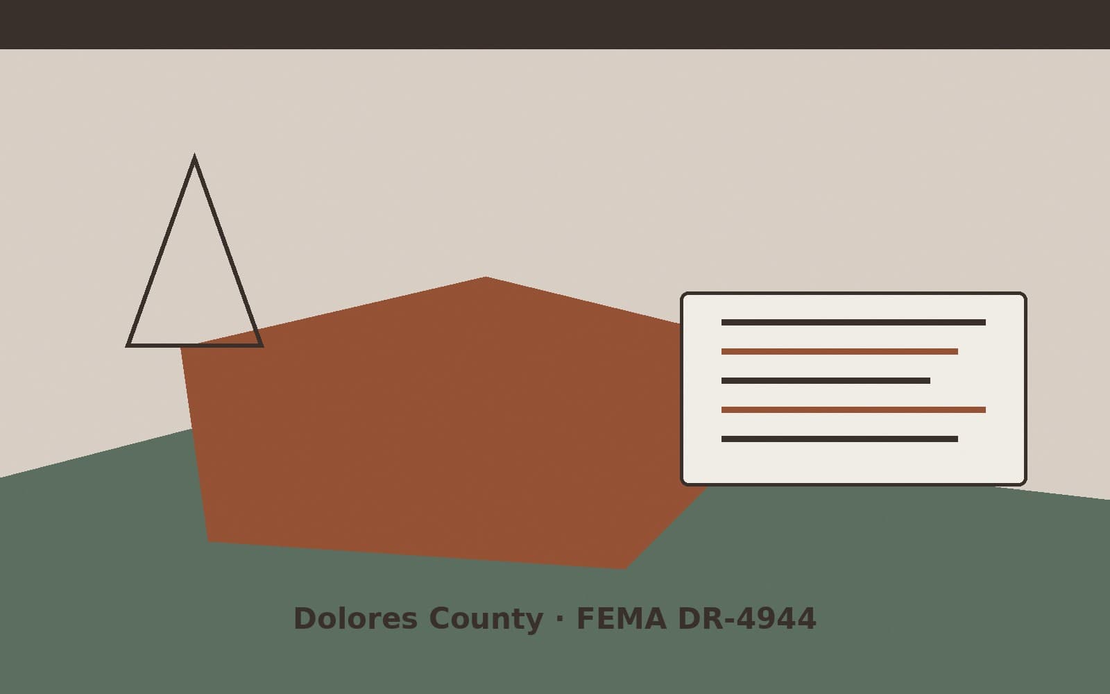 Public notice for Dolores County. On September 1, 2026, FEMA recorded a major disaster declaration DR-4944-CO that lists Dolores County as a designated area. FEMA titled the action