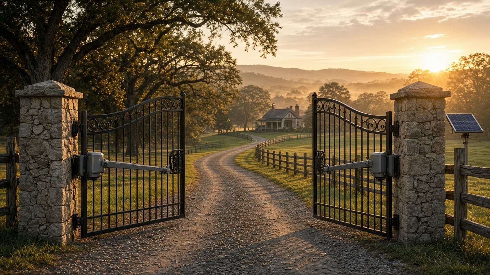 Photorealistic mural of a black wrought-iron double swing driveway gate opening at golden hour between two stone pillars, with a linear arm gate operator on each leaf, a small solar panel on a post beside one pillar, a gravel drive lined with oak trees, split-rail fencing, and a farmhouse in the distant hills (no caption text)