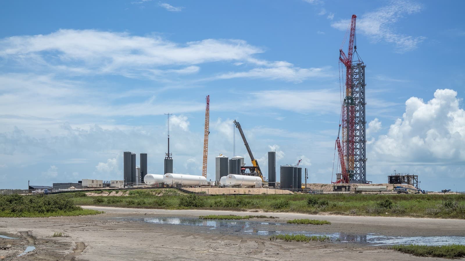 SpaceX's Starbase launch site at Boca Chica, Texas, with ground support tanks and the launch tower under construction, 2021 (file photo).
