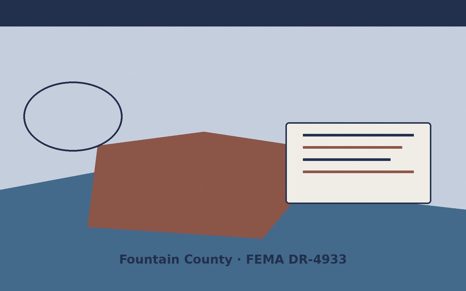 Public notice for Fountain County. On August 25, 2026, FEMA recorded a major disaster declaration DR-4933-IN that lists Fountain County as a designated area. FEMA titled the action