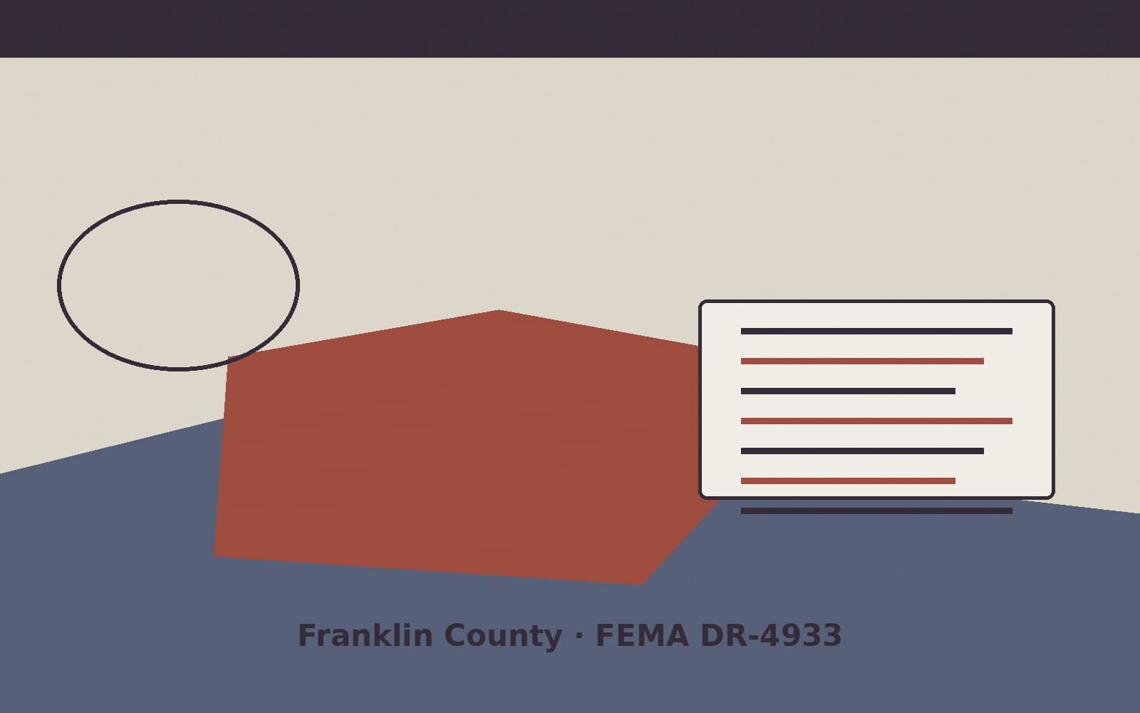 Public notice for Franklin County. On August 25, 2026, FEMA recorded a major disaster declaration DR-4933-IN that lists Franklin County as a designated area. FEMA titled the action