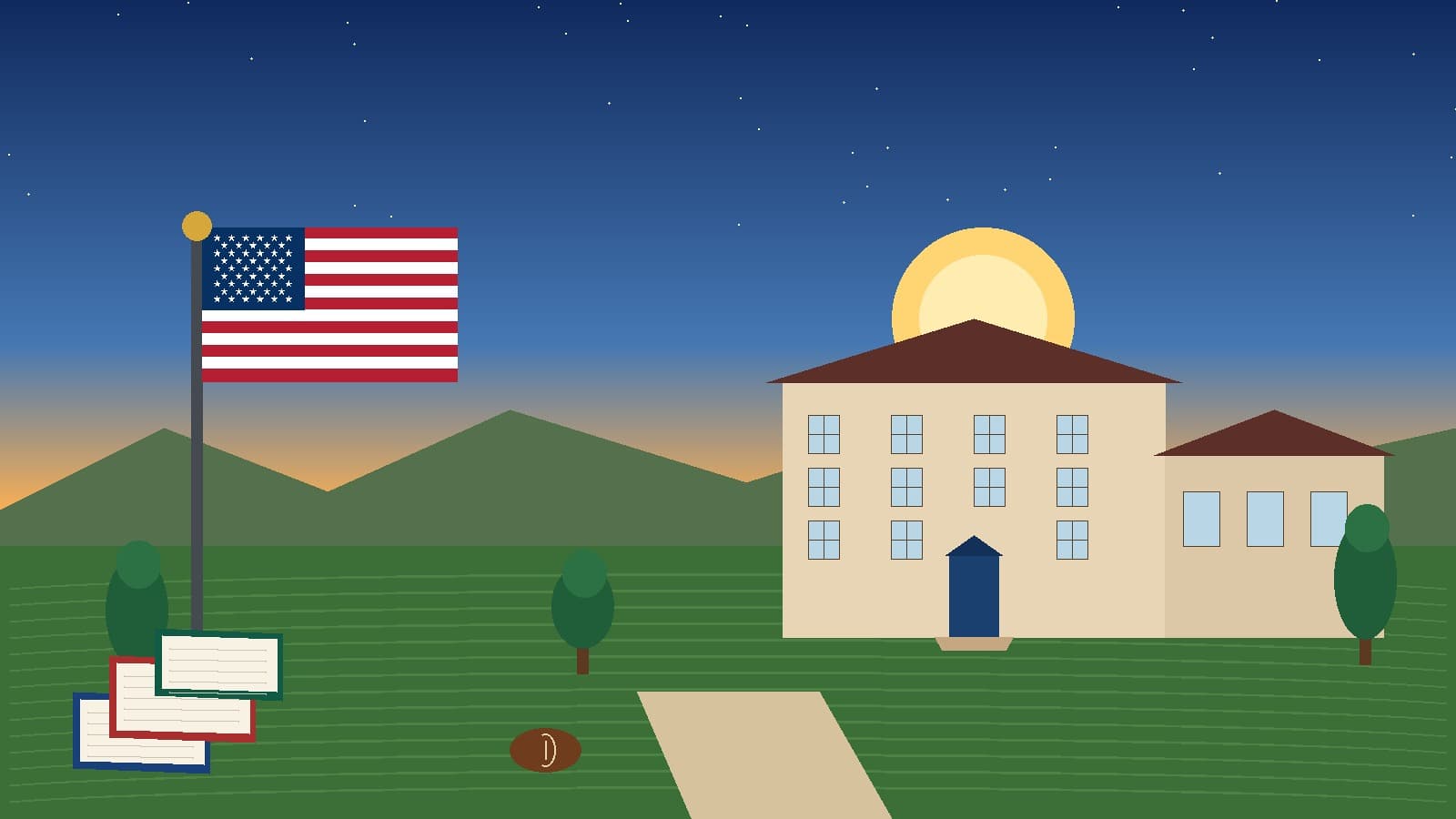 Civic mural of a school at sunrise with an American flag, open books, and a path to the door