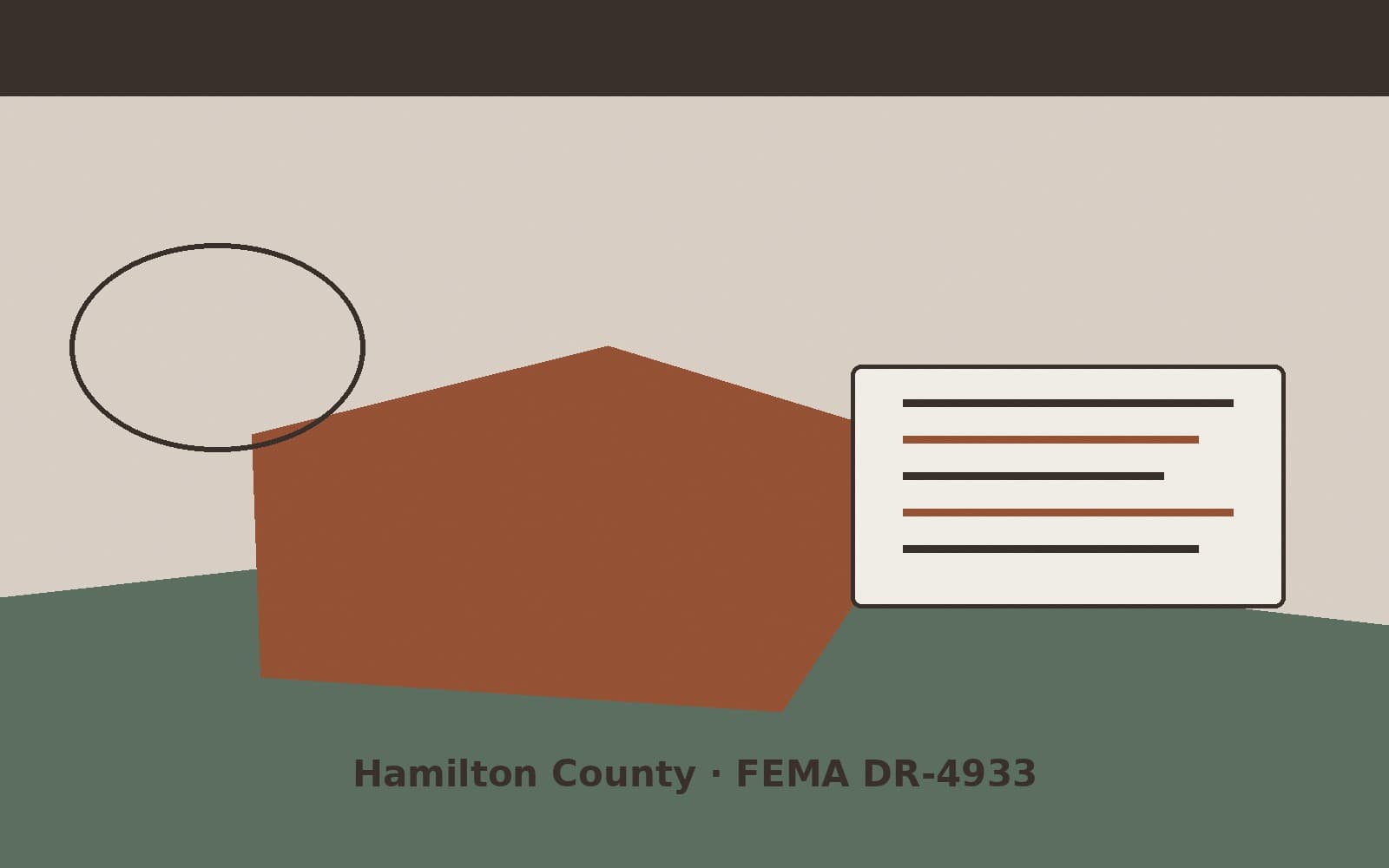 Public notice for Hamilton County. On August 25, 2026, FEMA recorded a major disaster declaration DR-4933-IN that lists Hamilton County as a designated area. FEMA titled the action