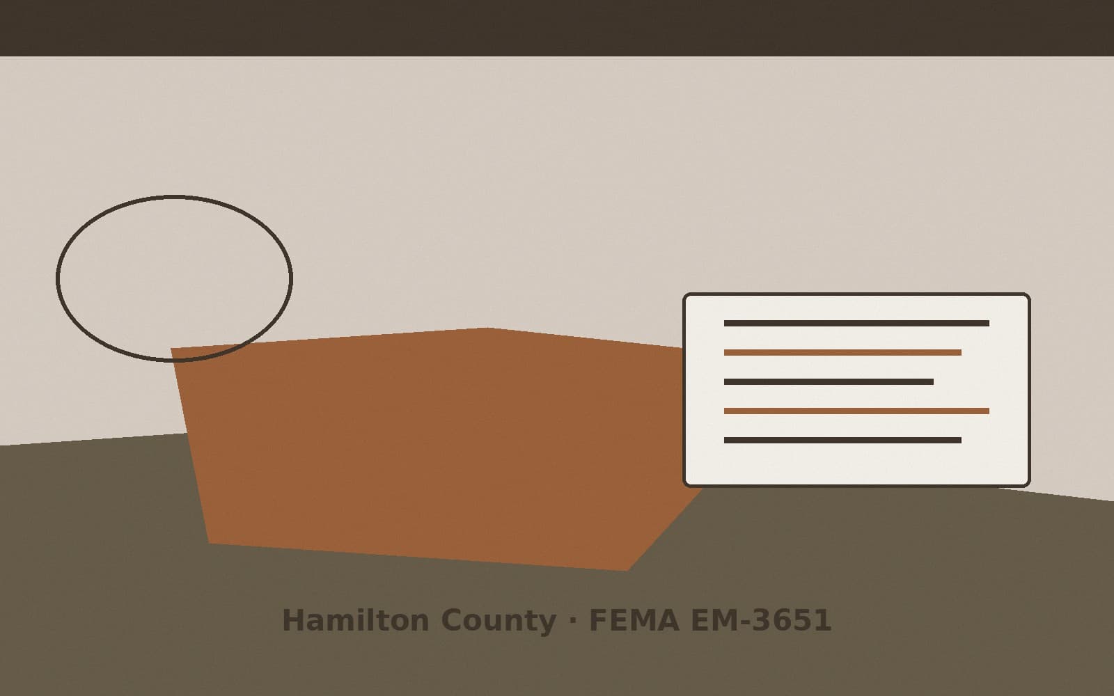 Public notice for Hamilton County. On August 15, 2026, FEMA recorded a emergency declaration EM-3651-IN that lists Hamilton County as a designated area. FEMA titled the action "Sev