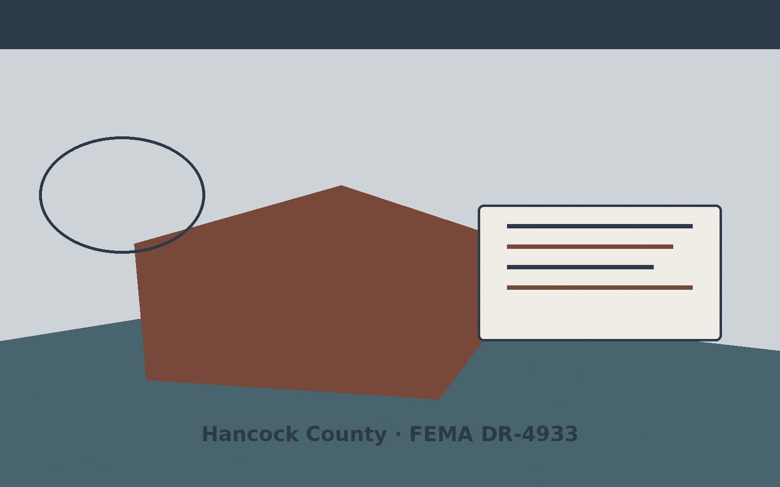 Public notice for Hancock County. On August 25, 2026, FEMA recorded a major disaster declaration DR-4933-IN that lists Hancock County as a designated area. FEMA titled the action "