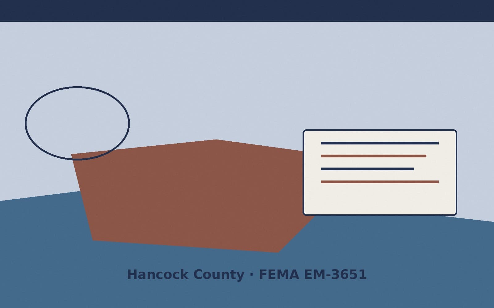 Public notice for Hancock County. On August 15, 2026, FEMA recorded a emergency declaration EM-3651-IN that lists Hancock County as a designated area. FEMA titled the action "Sever