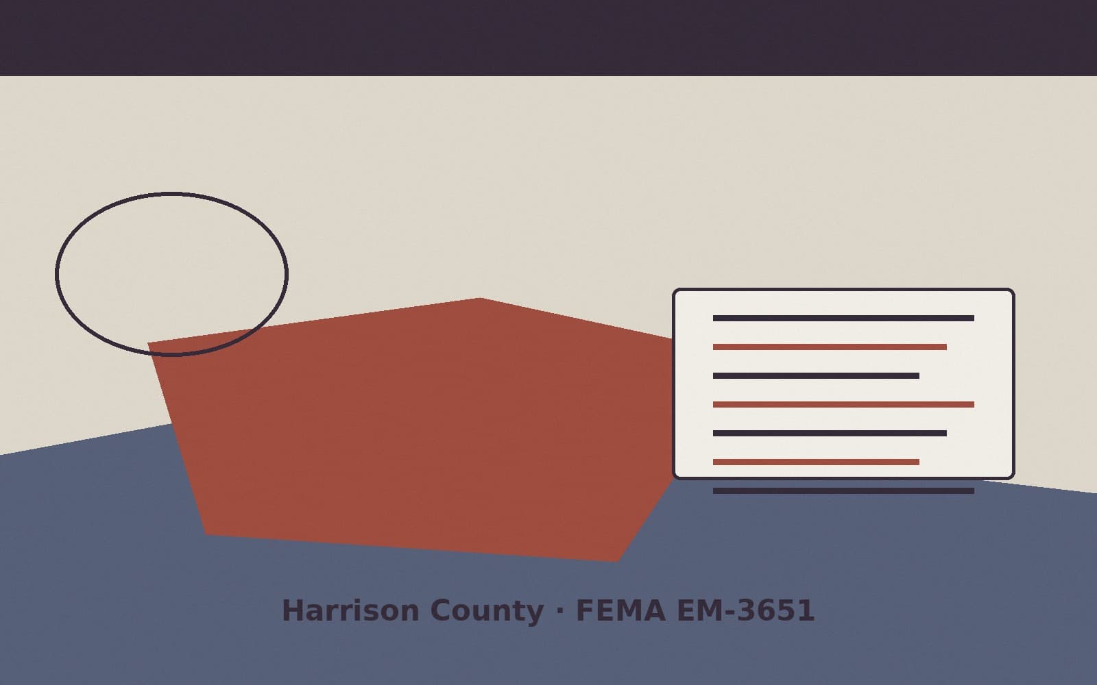Public notice for Harrison County. On August 15, 2026, FEMA recorded a emergency declaration EM-3651-IN that lists Harrison County as a designated area. FEMA titled the action "Sev