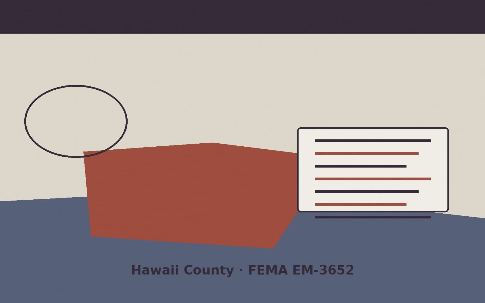 Public notice for Hawaii County. On August 25, 2026, FEMA recorded a emergency declaration EM-3652-HI that lists Hawaii County as a designated area. FEMA titled the action "Hurrica