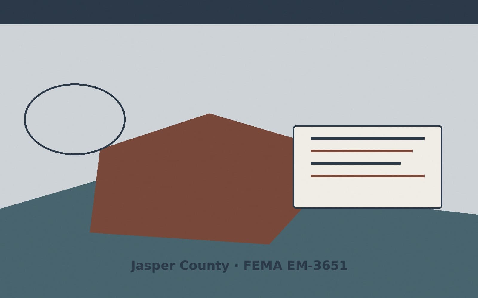 Public notice for Jasper County. On August 15, 2026, FEMA recorded a emergency declaration EM-3651-IN that lists Jasper County as a designated area. FEMA titled the action "Severe