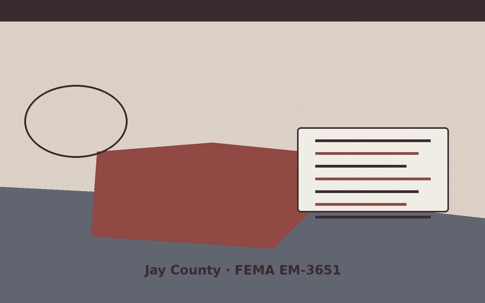 Public notice for Jay County. On August 15, 2026, FEMA recorded a emergency declaration EM-3651-IN that lists Jay County as a designated area. FEMA titled the action "Severe Storms