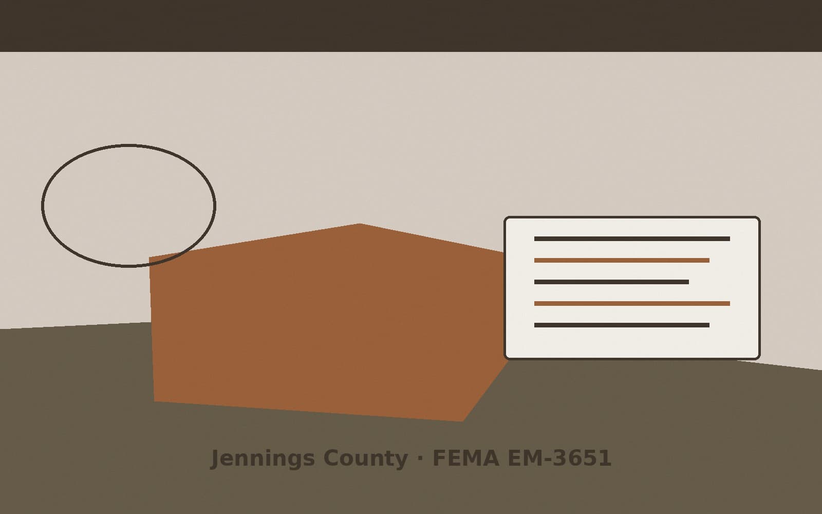 Public notice for Jennings County. On August 15, 2026, FEMA recorded a emergency declaration EM-3651-IN that lists Jennings County as a designated area. FEMA titled the action "Sev