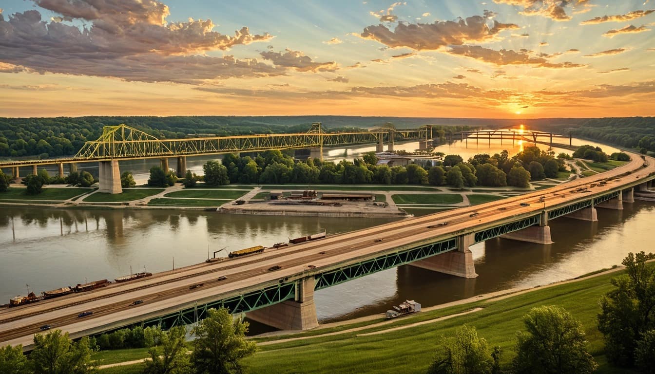 Notice Nearby: painted mural of long highway bridges across the Ohio River between Kentucky and Indiana at golden hour