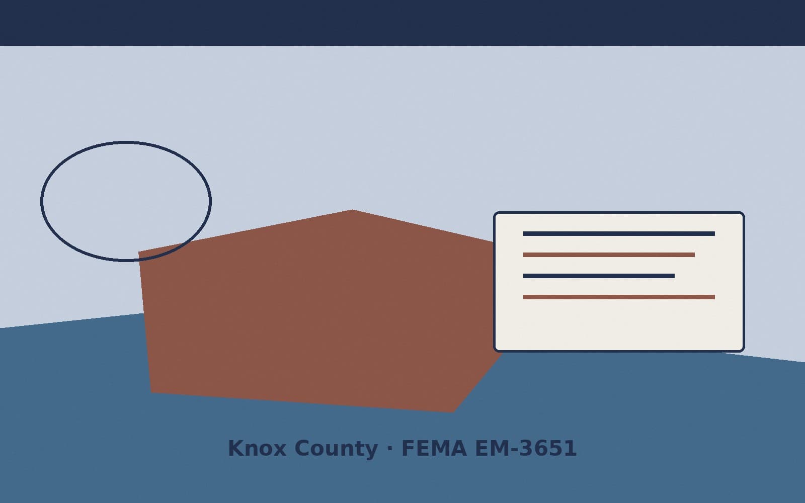 Public notice for Knox County. On August 15, 2026, FEMA recorded a emergency declaration EM-3651-IN that lists Knox County as a designated area. FEMA titled the action "Severe Stor