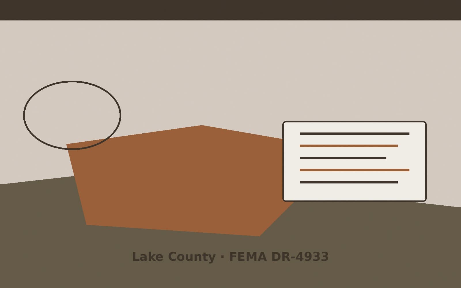 Public notice for Lake County. On August 25, 2026, FEMA recorded a major disaster declaration DR-4933-IN that lists Lake County as a designated area. FEMA titled the action "Severe