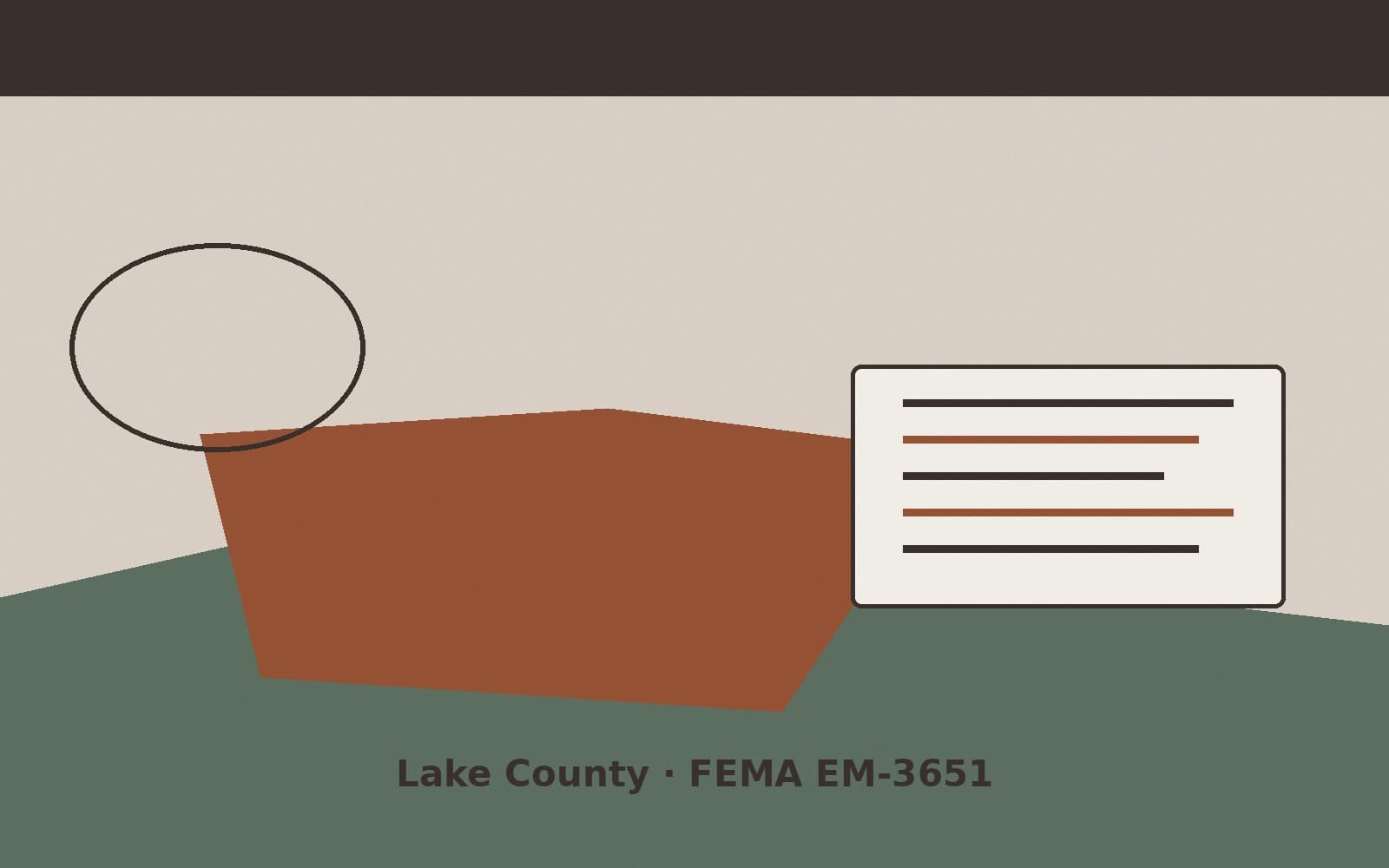 Public notice for Lake County. On August 15, 2026, FEMA recorded a emergency declaration EM-3651-IN that lists Lake County as a designated area. FEMA titled the action "Severe Stor
