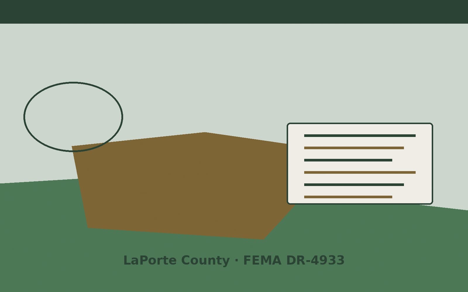 Public notice for LaPorte County. On August 25, 2026, FEMA recorded a major disaster declaration DR-4933-IN that lists LaPorte County as a designated area. FEMA titled the action "