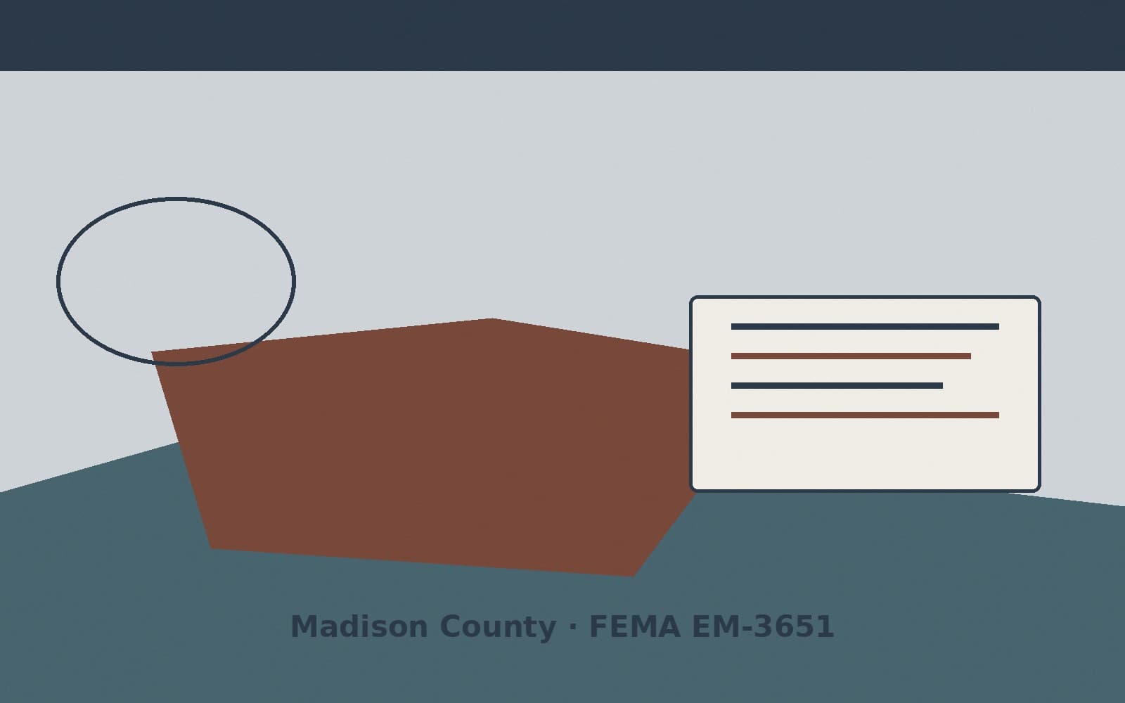 Public notice for Madison County. On August 15, 2026, FEMA recorded a emergency declaration EM-3651-IN that lists Madison County as a designated area. FEMA titled the action "Sever