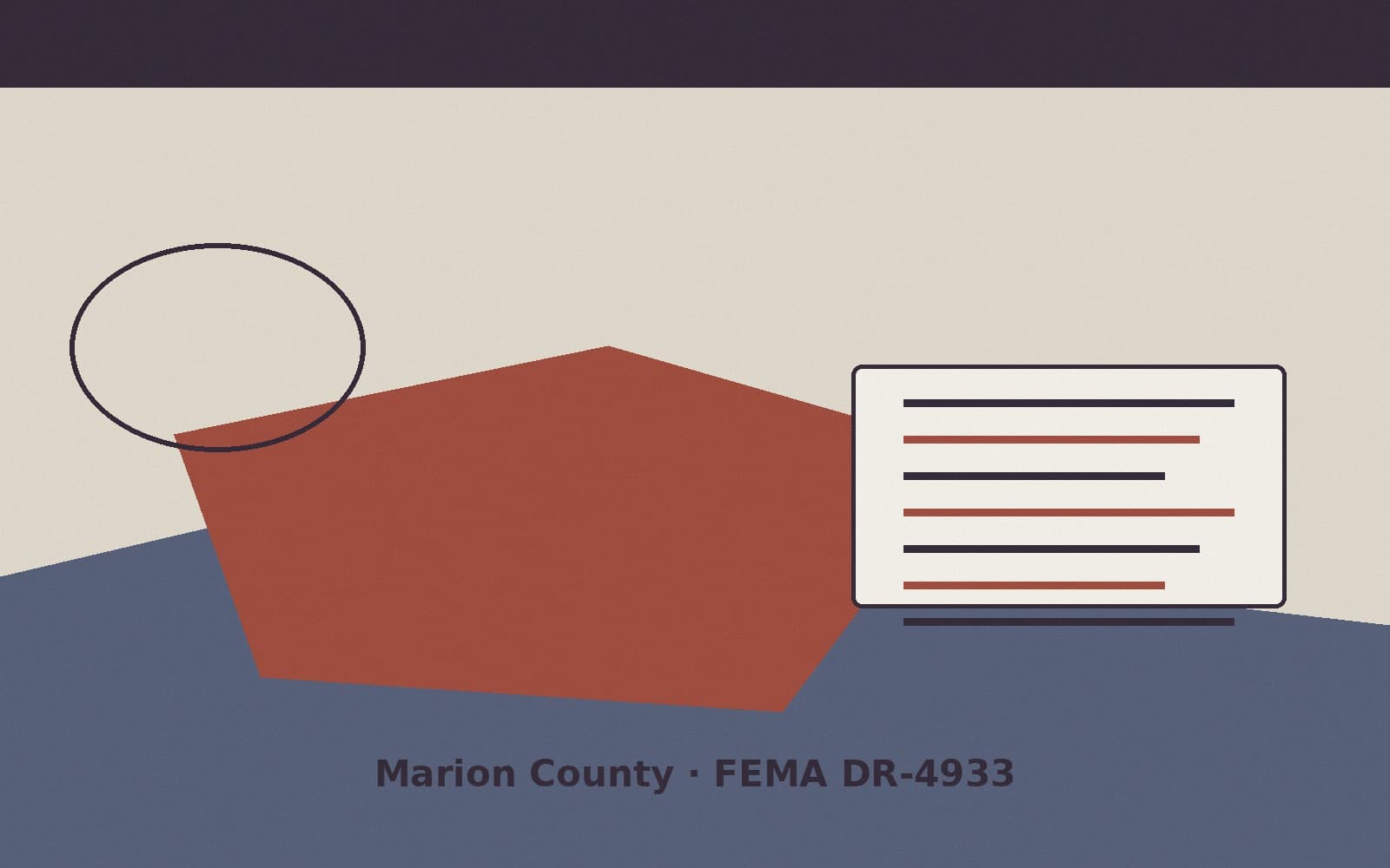 Public notice for Marion County. On August 25, 2026, FEMA recorded a major disaster declaration DR-4933-IN that lists Marion County as a designated area. FEMA titled the action "Se