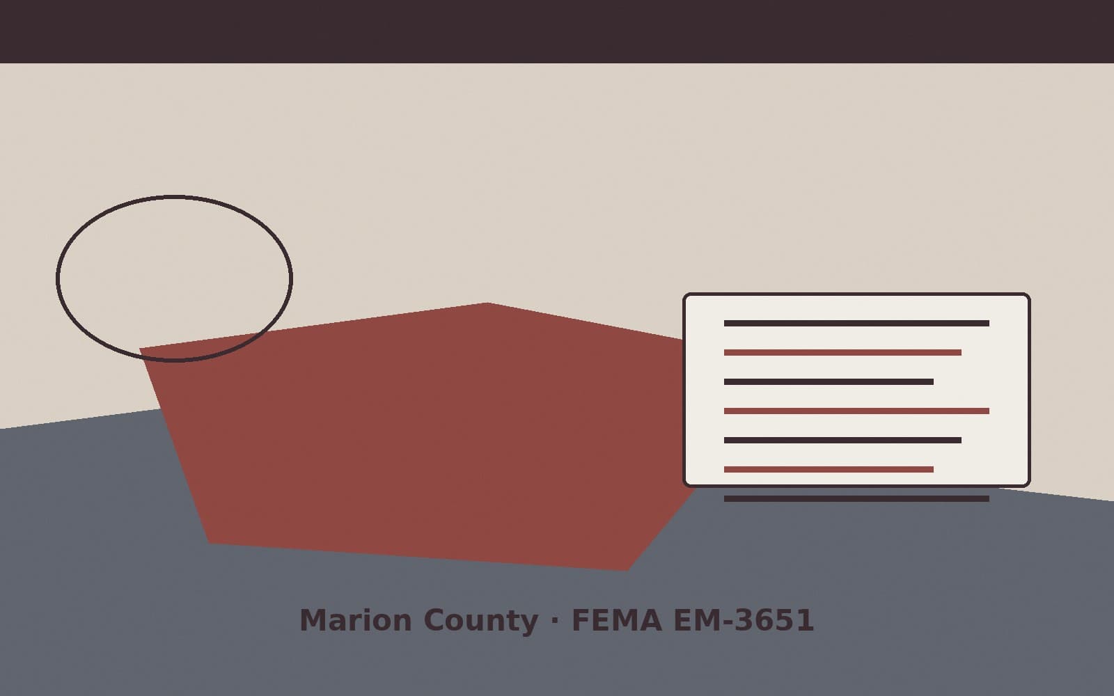 Public notice for Marion County. On August 15, 2026, FEMA recorded a emergency declaration EM-3651-IN that lists Marion County as a designated area. FEMA titled the action "Severe
