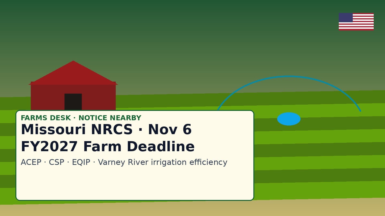 Missouri farm fields and irrigation mural for NRCS FY2027 Nov 6 farm service deadline