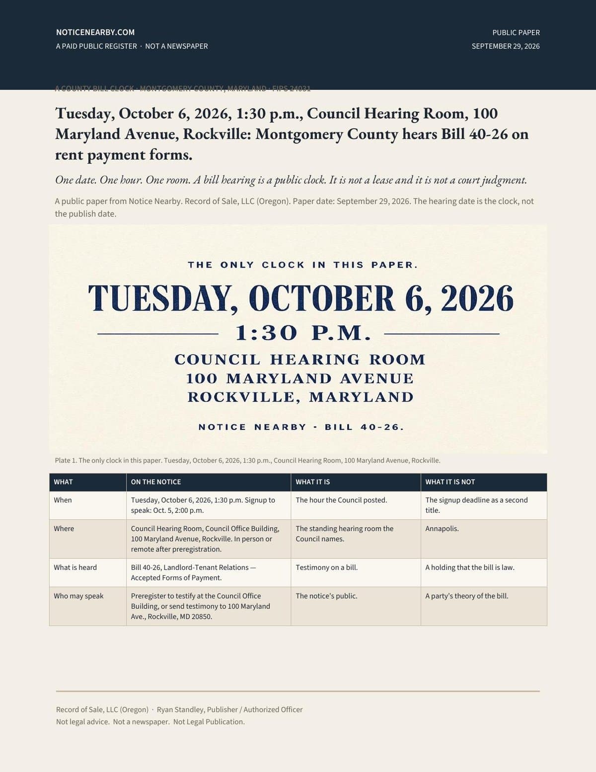 Montgomery County rent-payment hearing paper — Oct. 6, 2026, Rockville