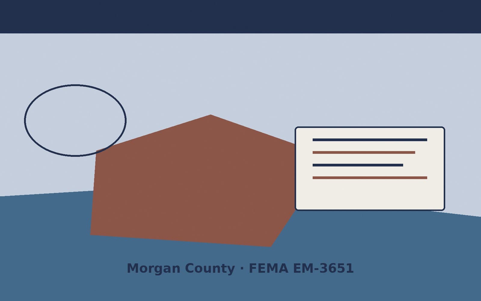 Public notice for Morgan County. On August 15, 2026, FEMA recorded a emergency declaration EM-3651-IN that lists Morgan County as a designated area. FEMA titled the action "Severe