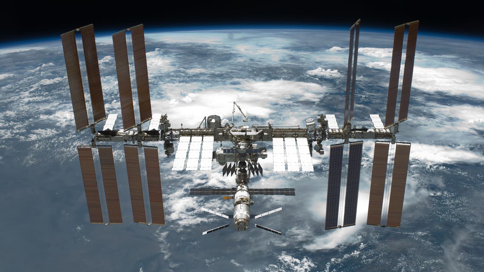The International Space Station, photographed from Space Shuttle Endeavour after undocking on STS-134 (2011). Photo: NASA via Wikimedia Commons (Public domain).