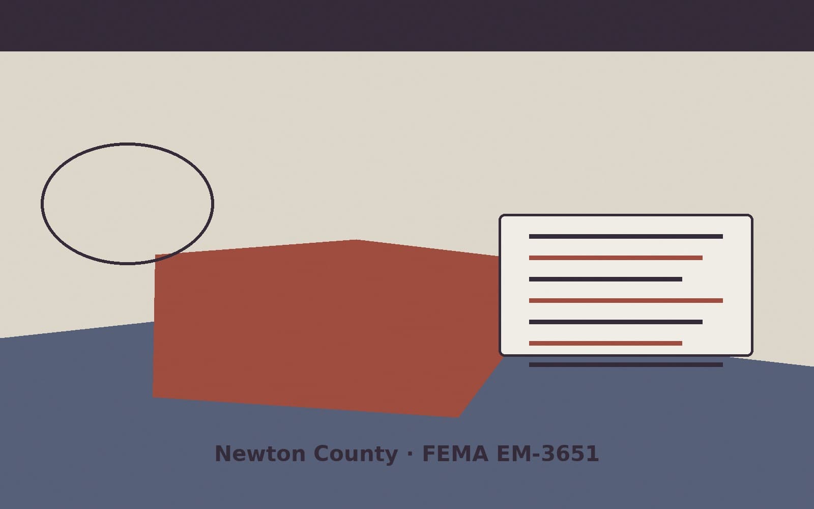 Public notice for Newton County. On August 15, 2026, FEMA recorded a emergency declaration EM-3651-IN that lists Newton County as a designated area. FEMA titled the action "Severe