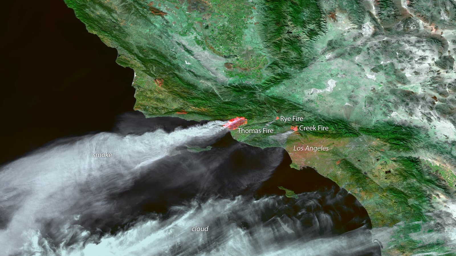 NOAA satellite view of smoke from Santa Ana wind-driven wildfires in Ventura and Los Angeles counties, December 2017 (file image, illustrative; not current conditions).
