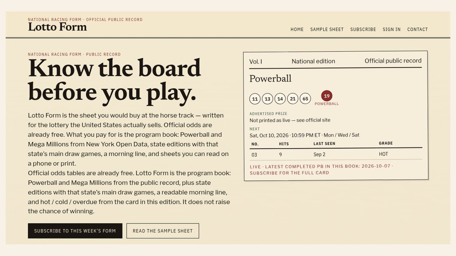 Lotto Form homepage, lottoform.com (screenshot, credit Lotto Form)