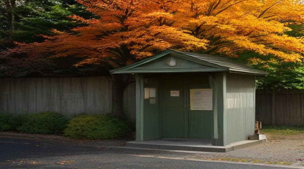 Notice Nearby: painted mural of a small green kiosk building beneath bright autumn maples on a quiet sidewalk