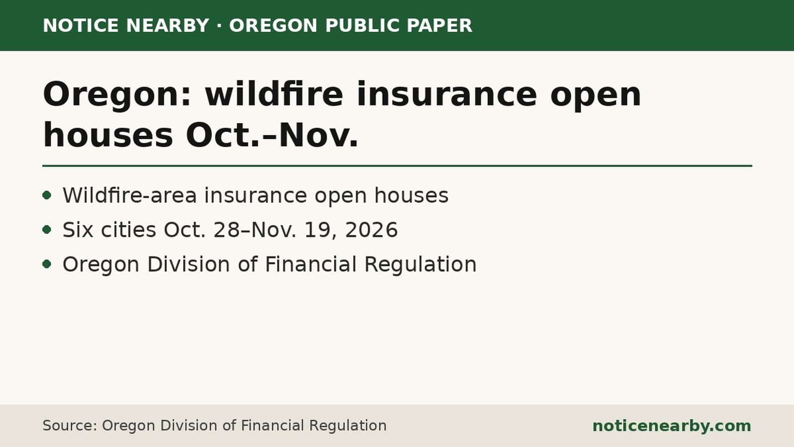 Notice Nearby text card: Oregon DFR wildfire insurance open houses, Oct.–Nov. 2026