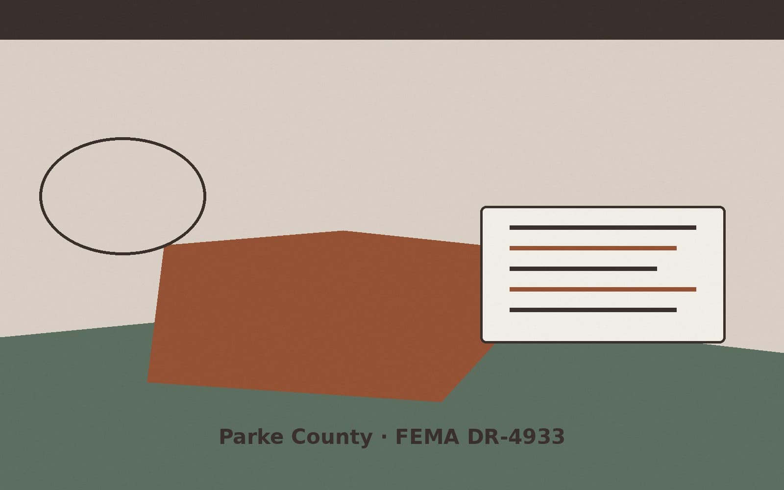 Public notice for Parke County. On August 25, 2026, FEMA recorded a major disaster declaration DR-4933-IN that lists Parke County as a designated area. FEMA titled the action "Seve