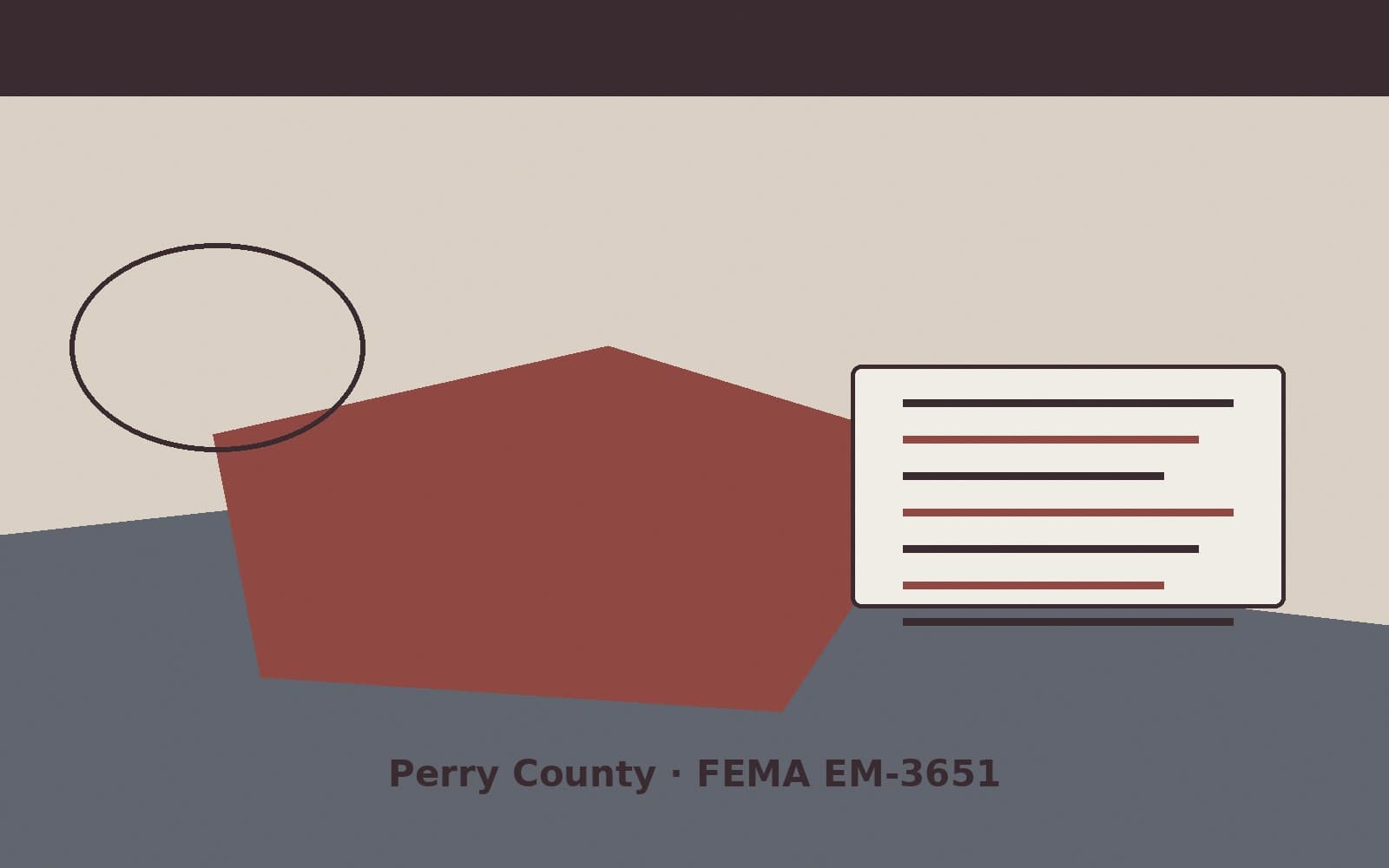 Public notice for Perry County. On August 15, 2026, FEMA recorded a emergency declaration EM-3651-IN that lists Perry County as a designated area. FEMA titled the action "Severe St