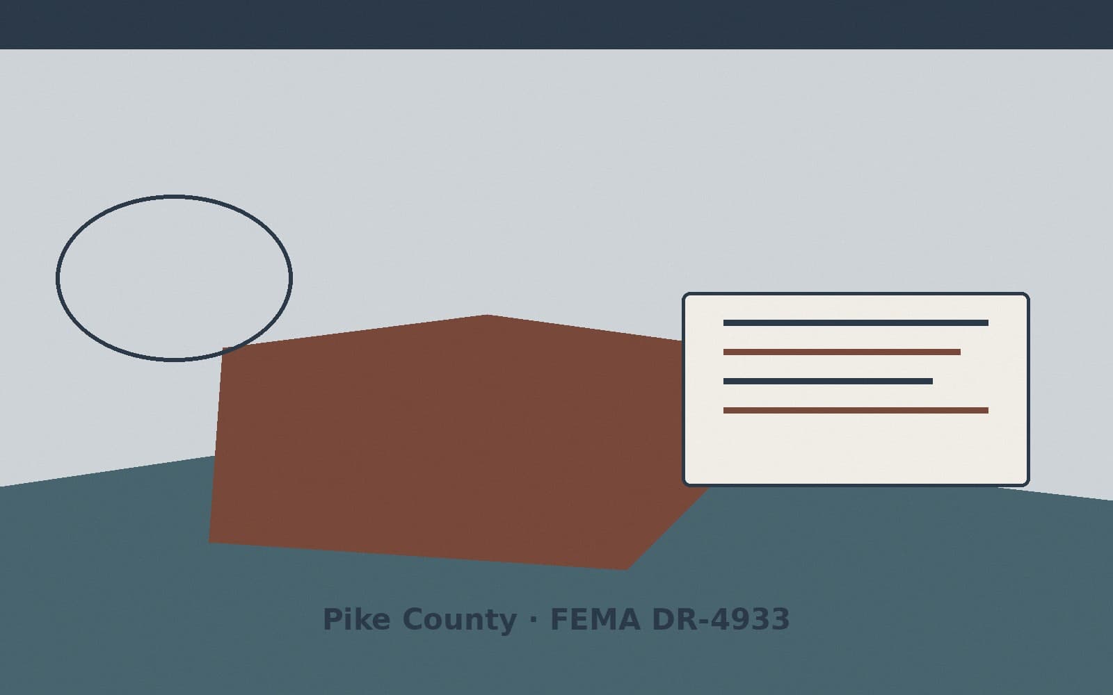 Public notice for Pike County. On August 25, 2026, FEMA recorded a major disaster declaration DR-4933-IN that lists Pike County as a designated area. FEMA titled the action "Severe