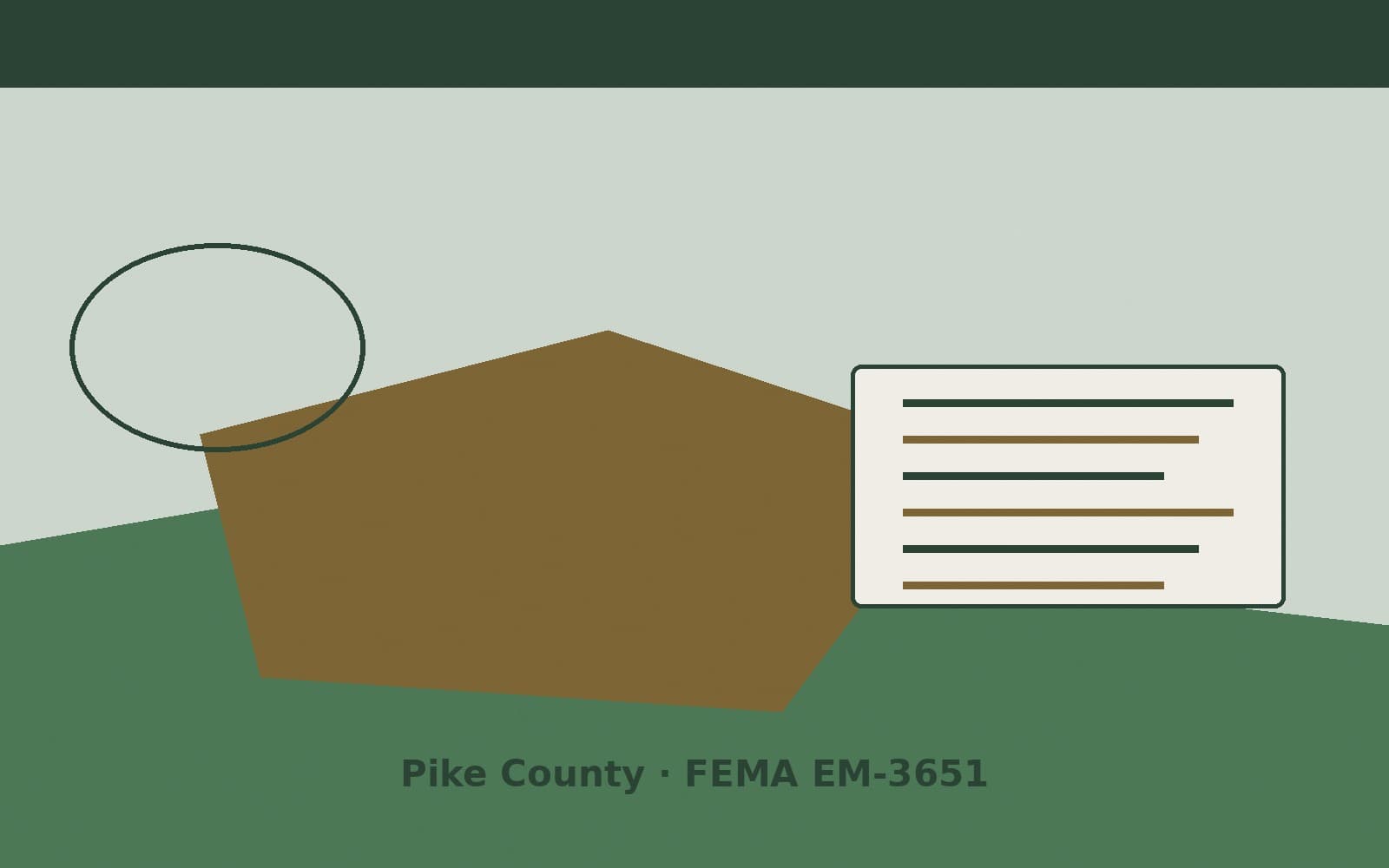 Public notice for Pike County. On August 15, 2026, FEMA recorded a emergency declaration EM-3651-IN that lists Pike County as a designated area. FEMA titled the action "Severe Stor
