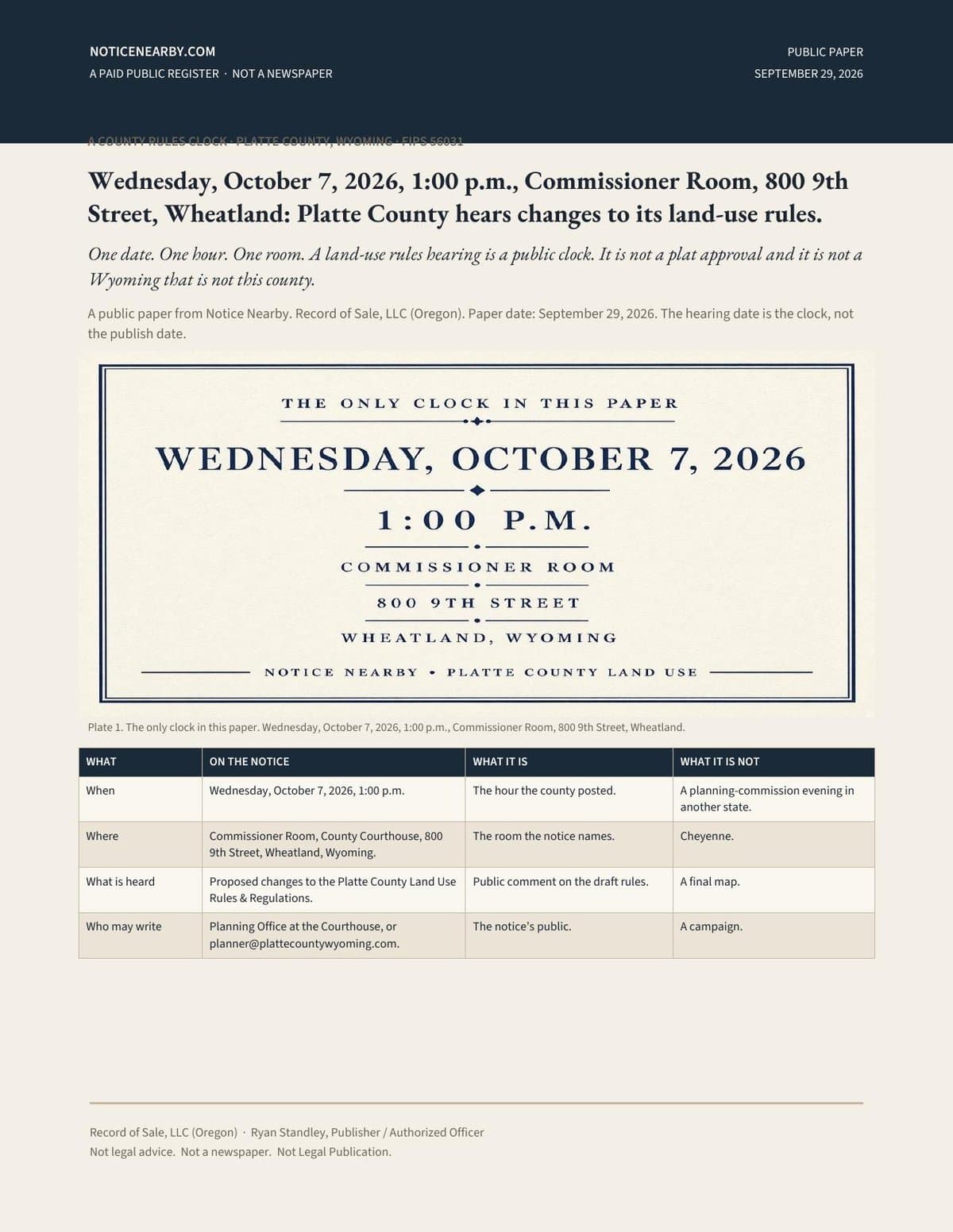 Platte County land-use rules hearing paper — Oct. 7, 2026, Wheatland