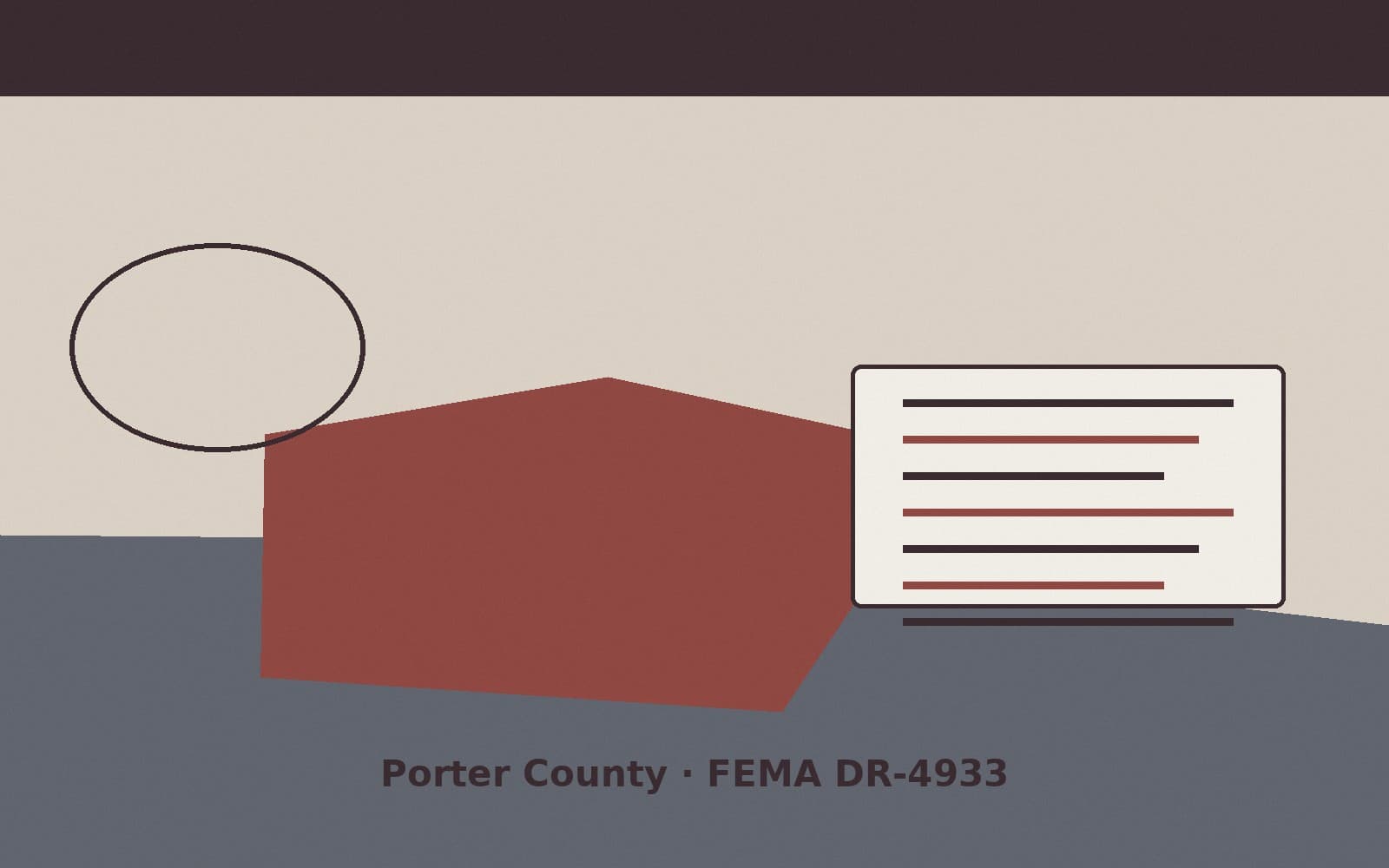 Public notice for Porter County. On August 25, 2026, FEMA recorded a major disaster declaration DR-4933-IN that lists Porter County as a designated area. FEMA titled the action "Se