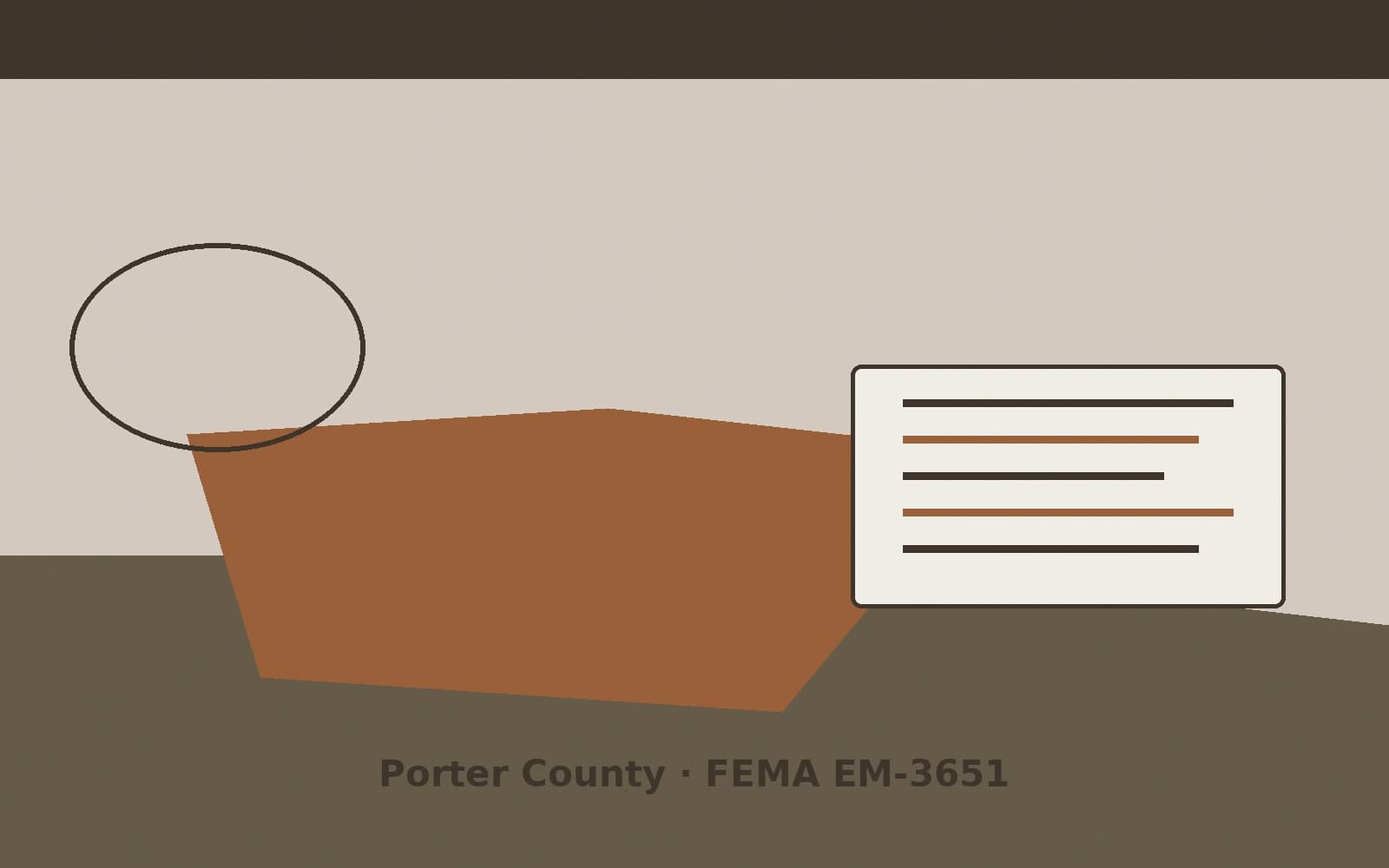 Public notice for Porter County. On August 15, 2026, FEMA recorded a emergency declaration EM-3651-IN that lists Porter County as a designated area. FEMA titled the action "Severe