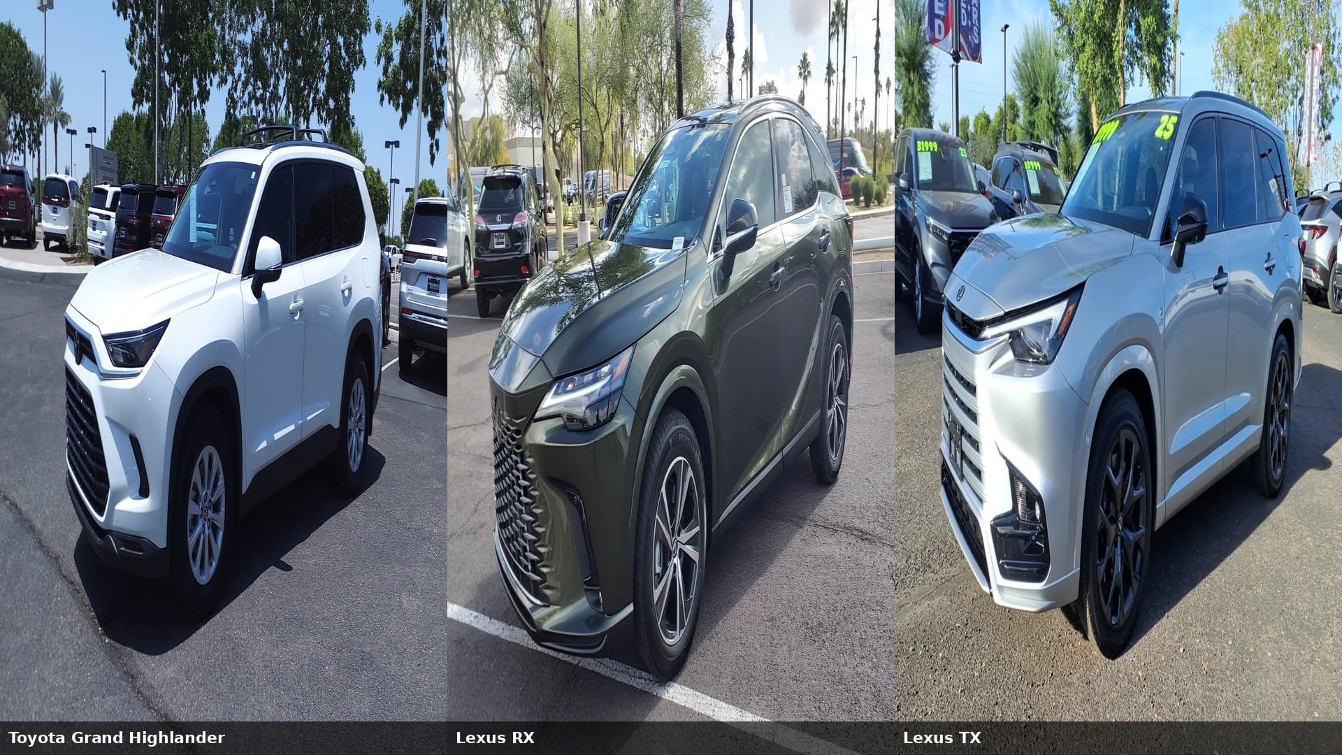 Side-by-side photos of a Toyota Grand Highlander SUV, a Lexus RX crossover, and a Lexus TX three-row SUV