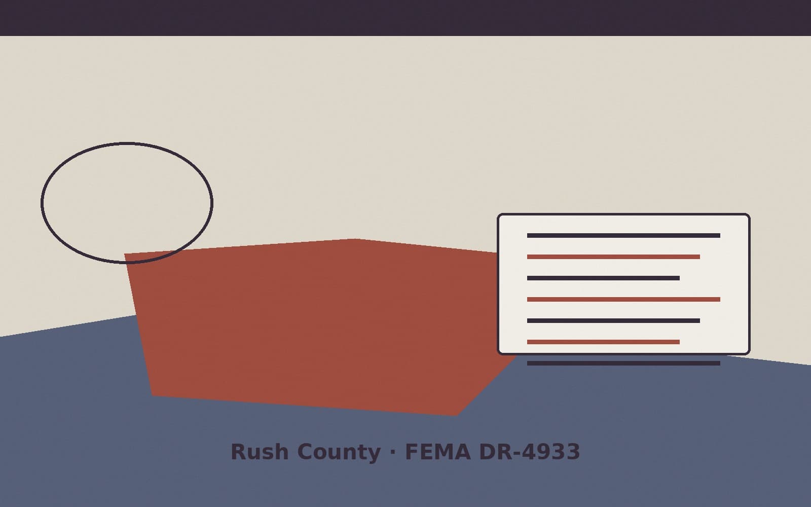Public notice for Rush County. On August 25, 2026, FEMA recorded a major disaster declaration DR-4933-IN that lists Rush County as a designated area. FEMA titled the action "Severe