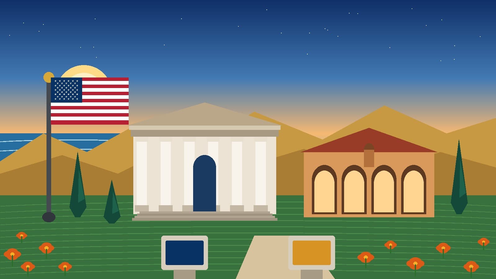 Civic mural of an American flag, California hills and poppies, two columned halls, and two blank plaques. No words in the image.