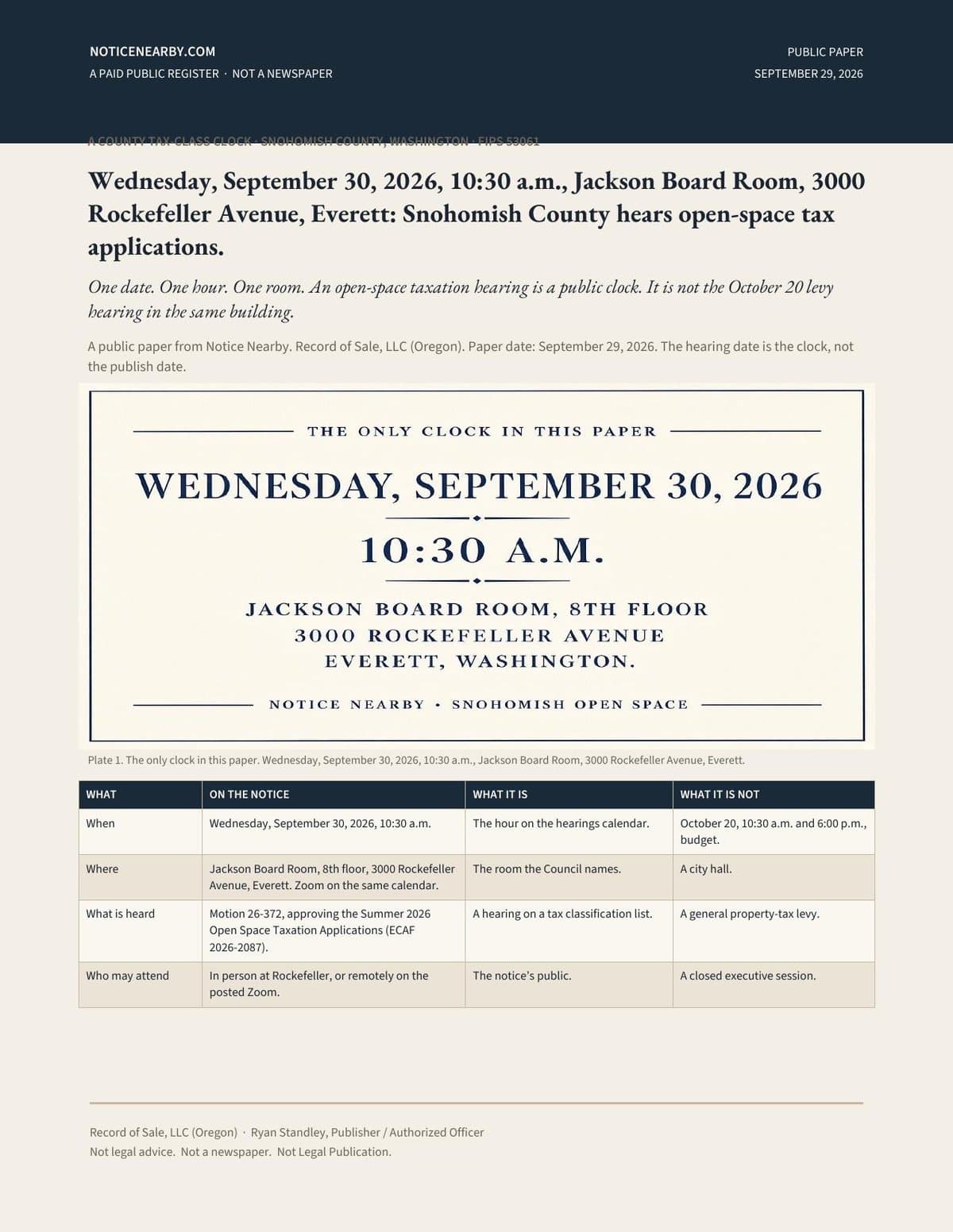 Snohomish County open-space tax hearing paper — Sept. 30, 2026, Everett