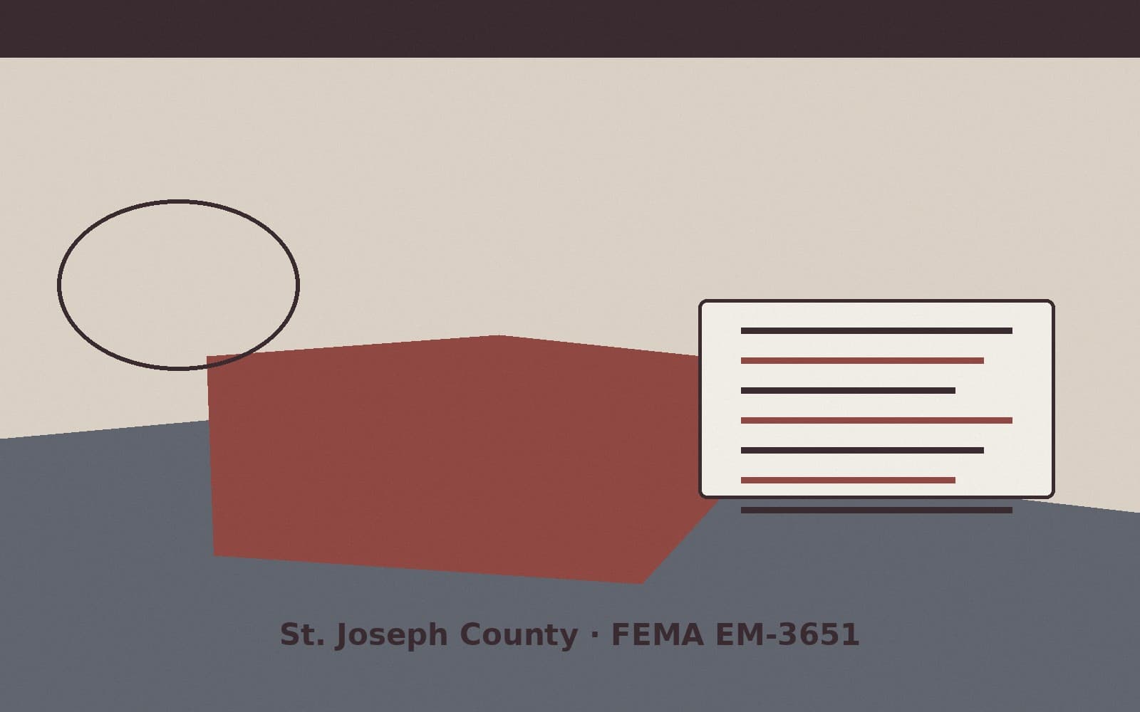 Public notice for St. Joseph County. On August 15, 2026, FEMA recorded a emergency declaration EM-3651-IN that lists St. Joseph County as a designated area. FEMA titled the action