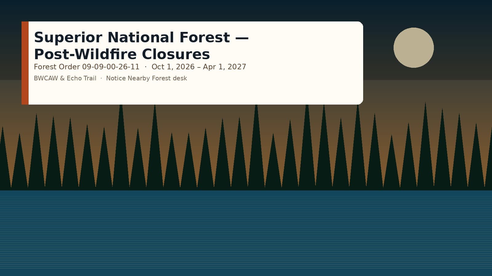 Superior National Forest post-wildfire closures mural — Forest Order 09-09-00-26-11 through April 1, 2027.