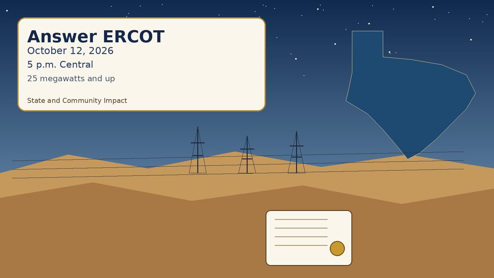 Texas prairie night mural with ERCOT October 12 deadline card, grid towers, Texas outline, and a notarized form