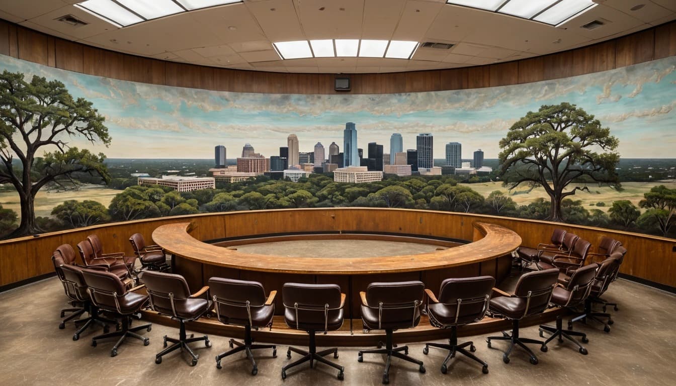 Notice Nearby: painted mural of an empty Texas state environmental agency hearing room with a curved wooden dais and the Austin skyline through tall windows