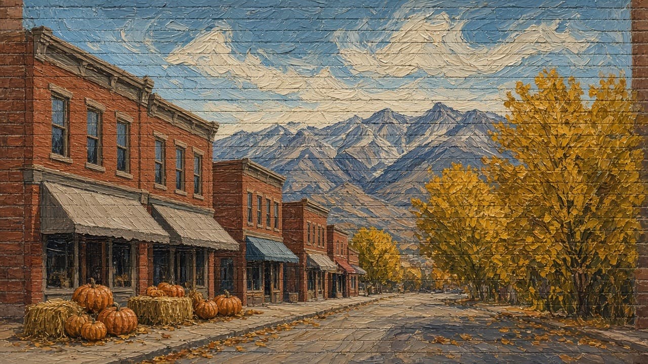 Notice Nearby: painted mural of a small Utah main street in autumn with brick storefronts and pumpkins below the Oquirrh Mountains